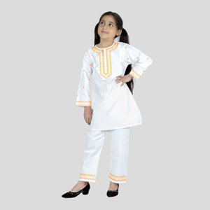 White Cord Set with orange embroidery, 100% Cotton — Rangooz