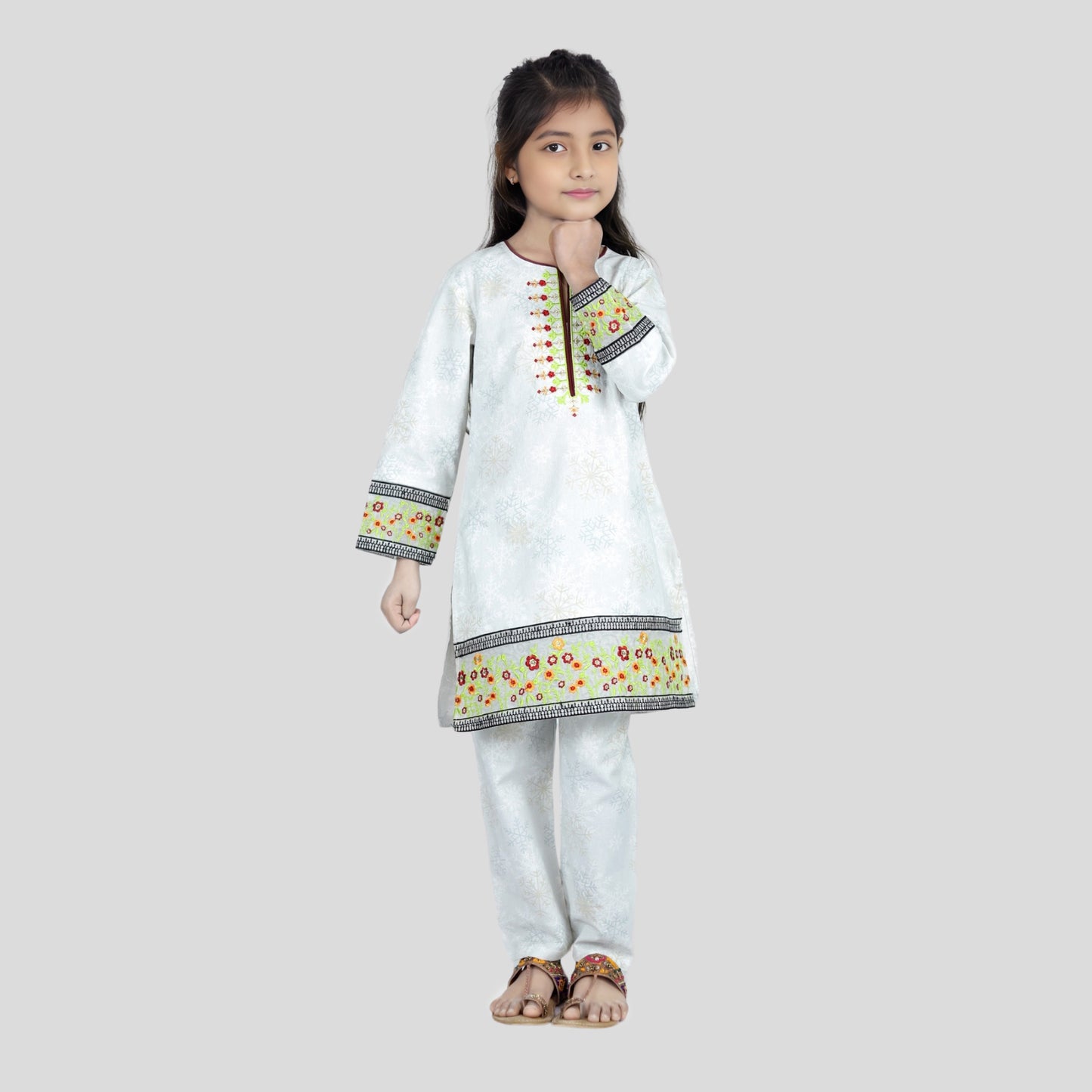 White Cord Set Printed Patch Embroidered 100% Cotton