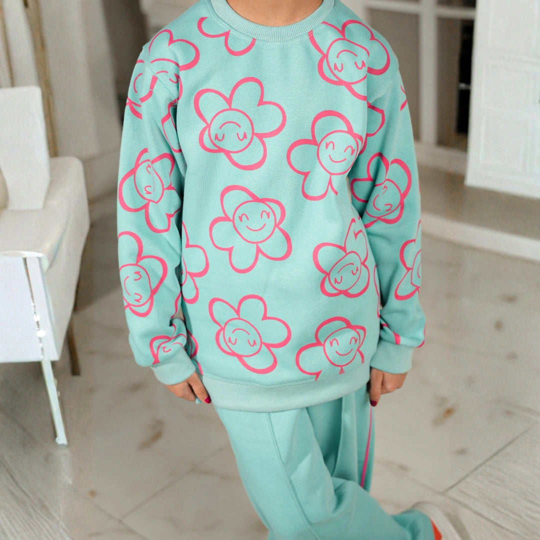 Aqua Bloom Cozy Fleece Set - Aqua Blue