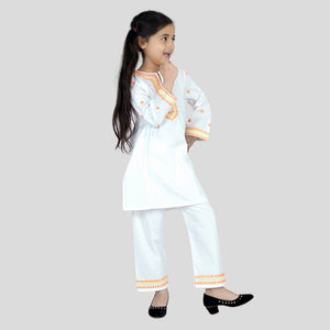 White Cord Set with orange embroidery, 100% Cotton — Rangooz
