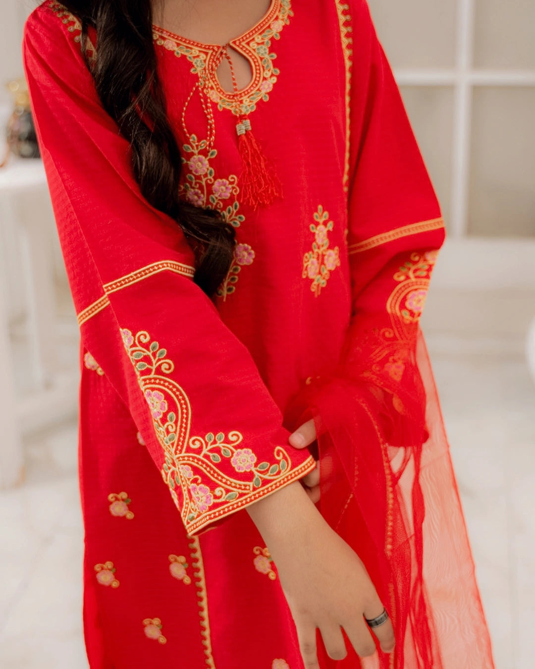 Embroidered Khaddar Suit - Crimson Blossom