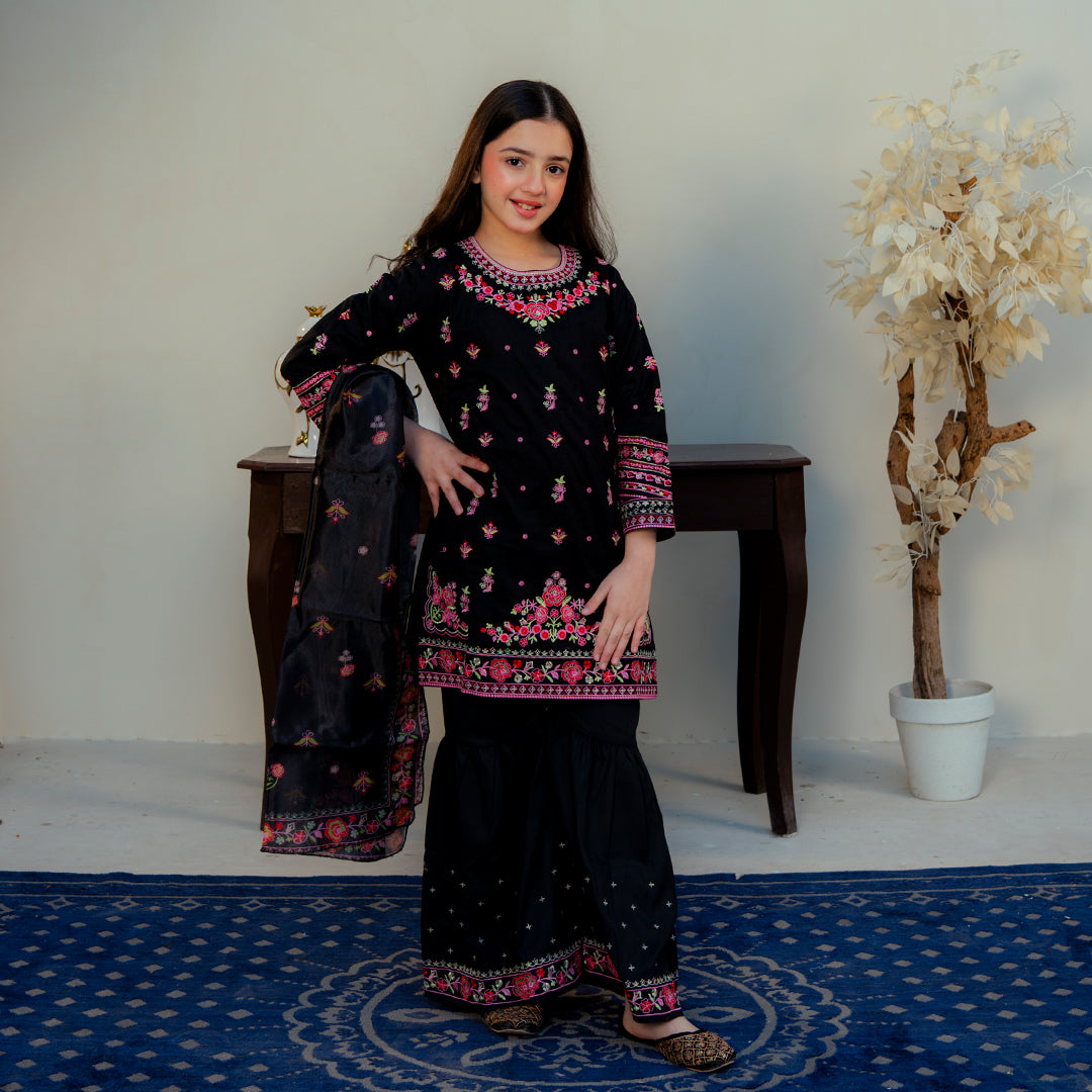 Embroidered Cotton Suit –Siyah