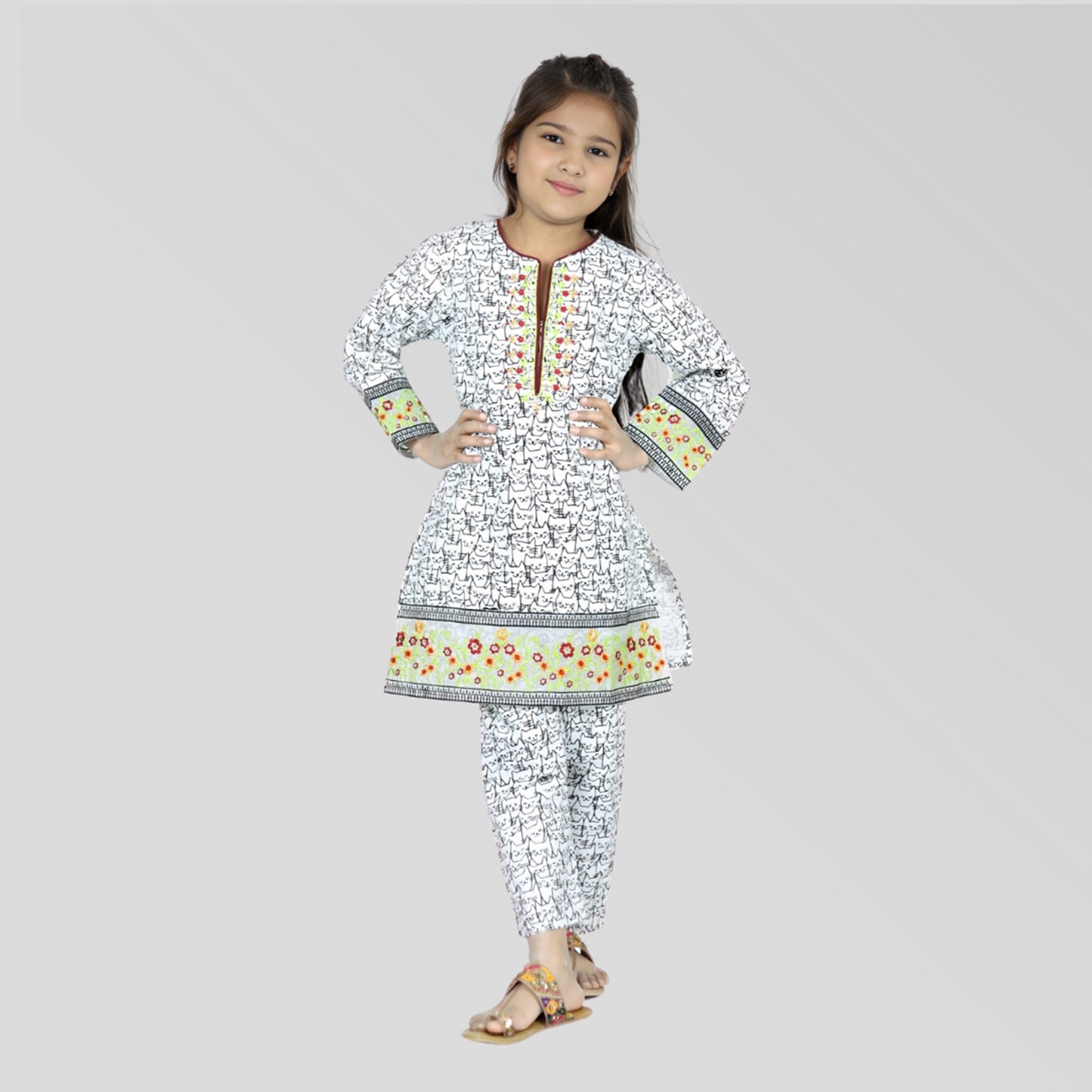 White-black Cord Set Printed Patch Embroidered 100% Cotton