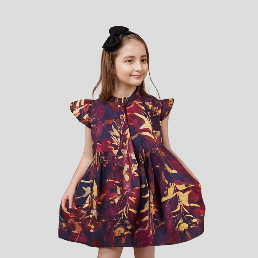 Floral Graphic Multi-Color Block Sleeveless Frock | Girls