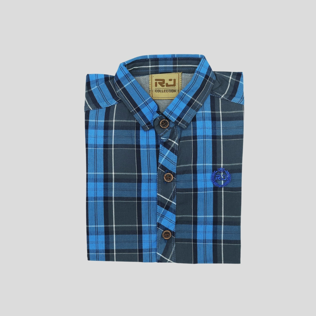 Grey & Blue Lined Cotton Check Summer Shirt