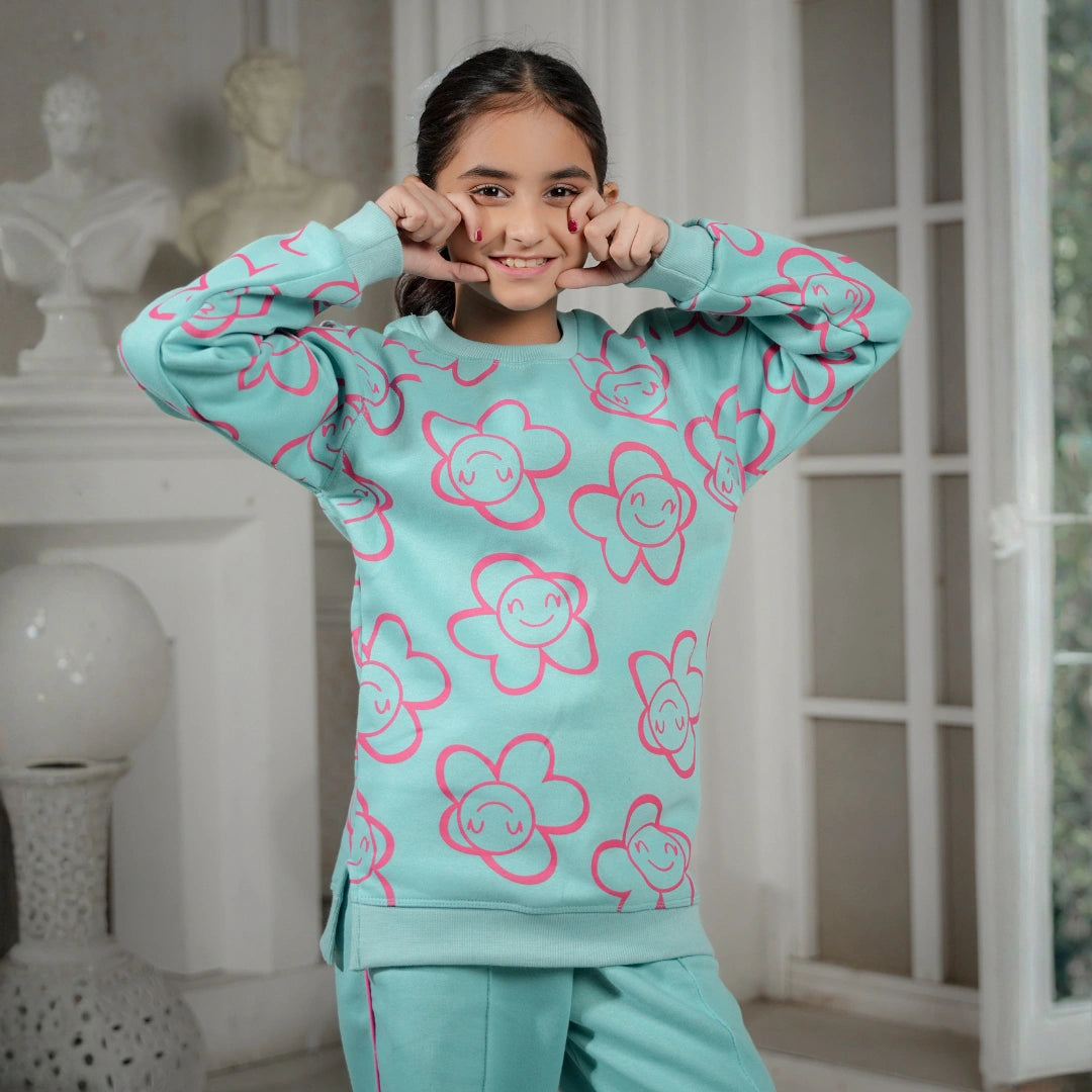 Aqua Bloom Cozy Fleece Set - Aqua Blue