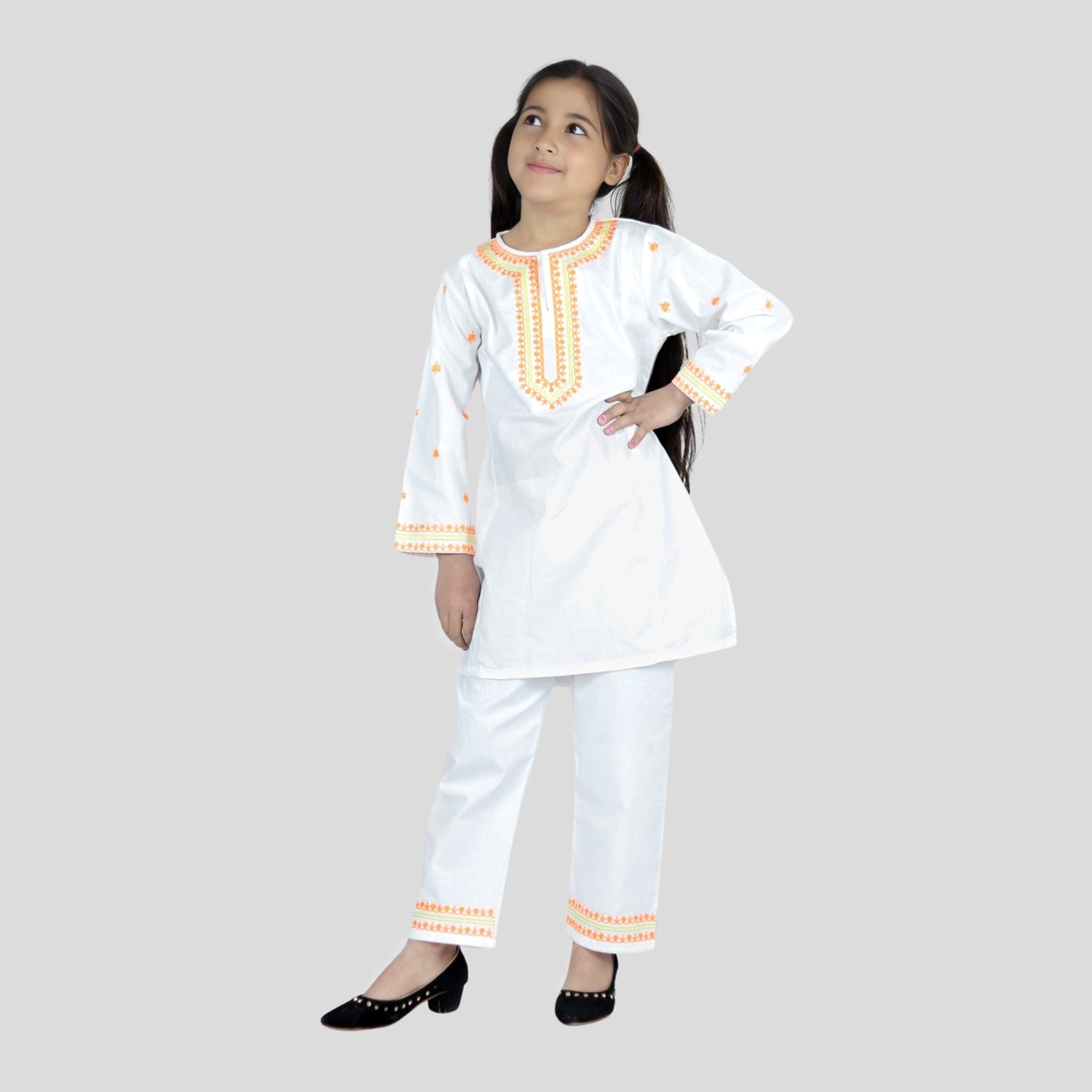 White Cord Set with orange embroidery, 100% Cotton — Rangooz