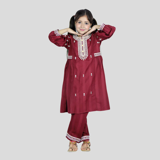 Mahroon embroidered Frock Cord set 100% Cotton