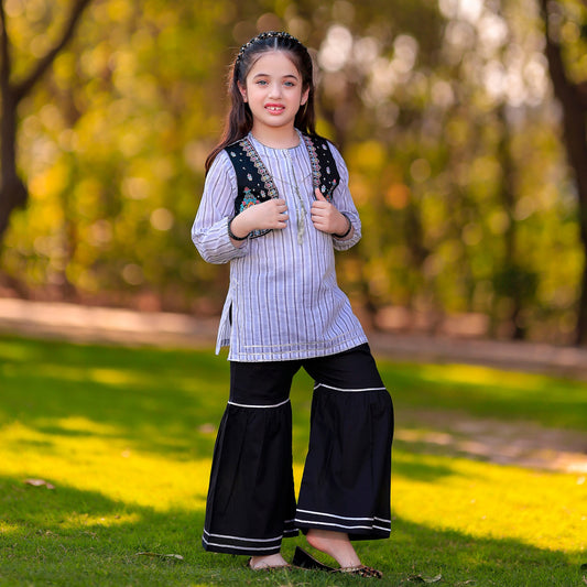 Traditional Style Shirt Koti With Gharara Pair - Lawn