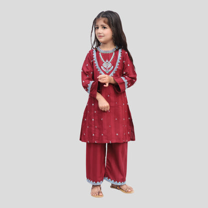 Mahroon Cord Set Embroidered | 100%Cotton