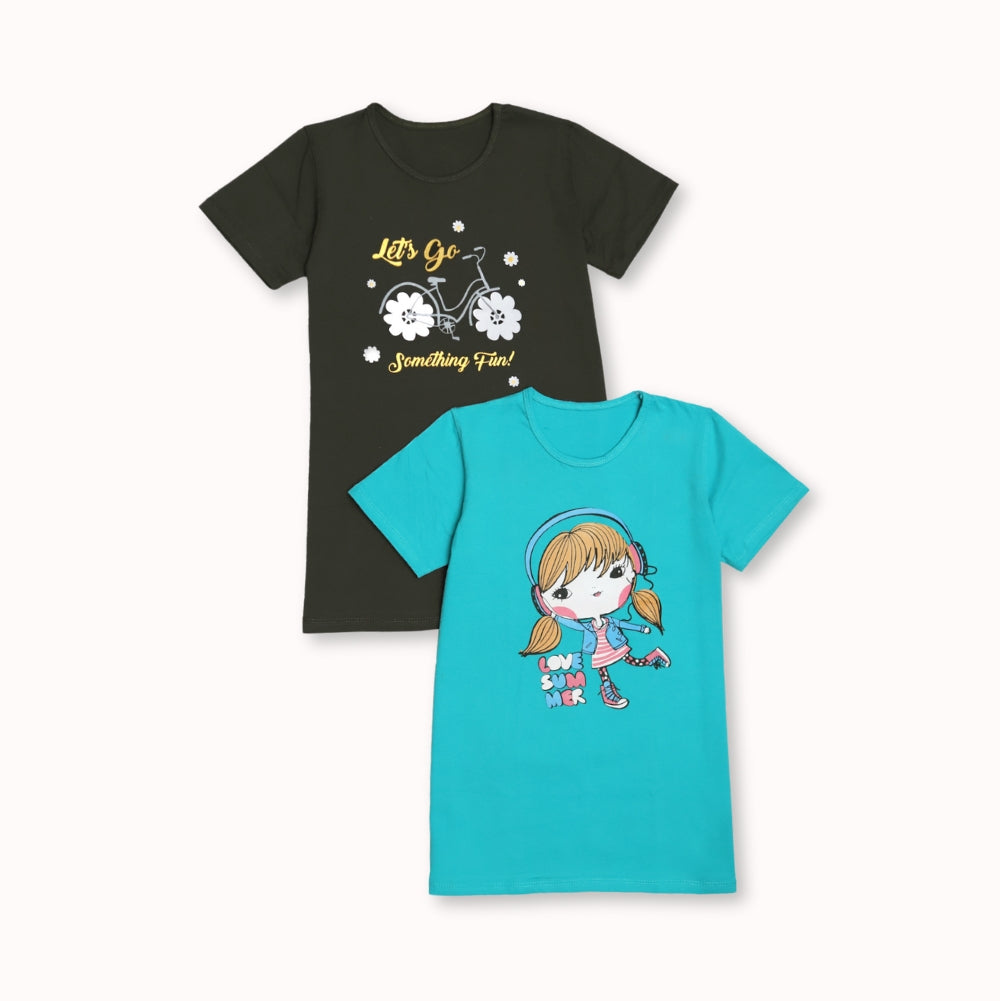 Cartoon Girl & Bike Tee Set for Toddler Girls – Summer Wear