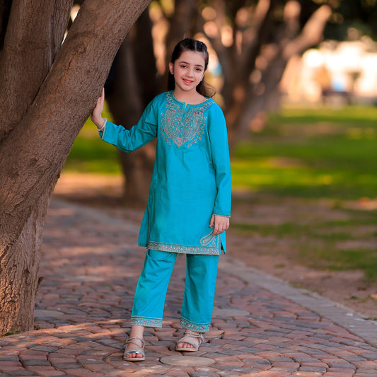 Modern Stitched Motif Embroidered Cotton Co-ord Set In Ferozi