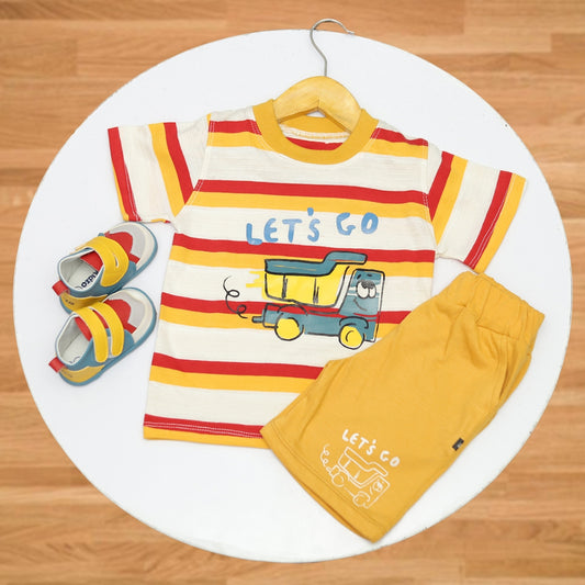 Sweetie Pie Striped Classic Cotton Combo Boys Top & Bottom Set | White&Yellow