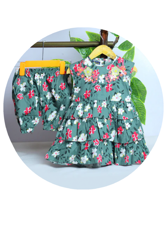 Green 2 PC Printed Frock With Stunning Embrodiery