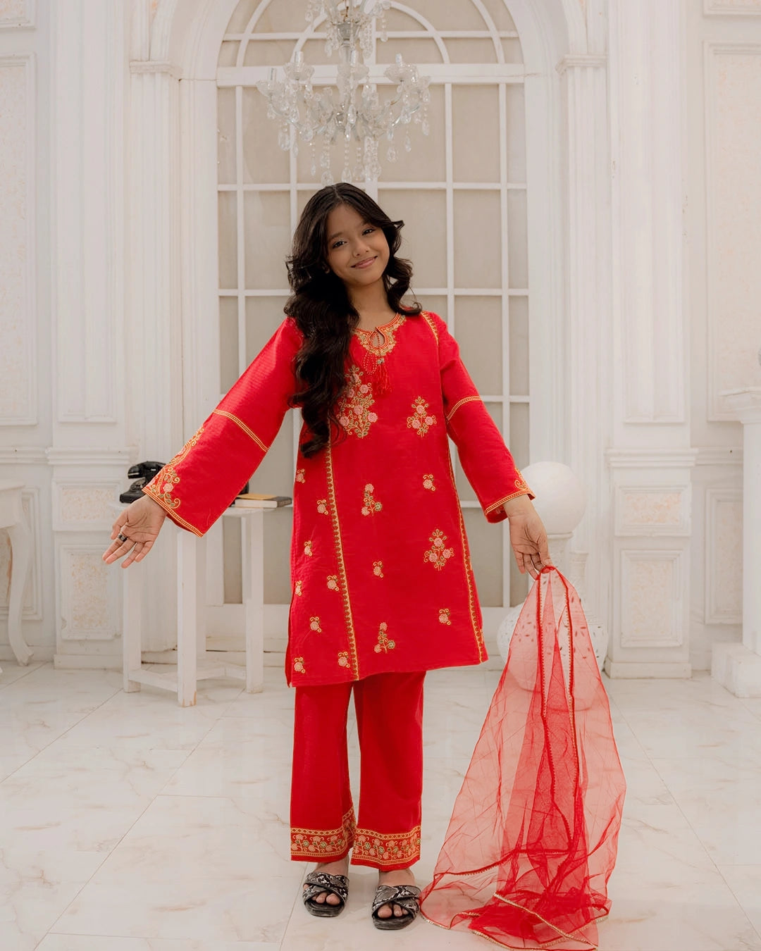 Embroidered Khaddar Suit - Crimson Blossom