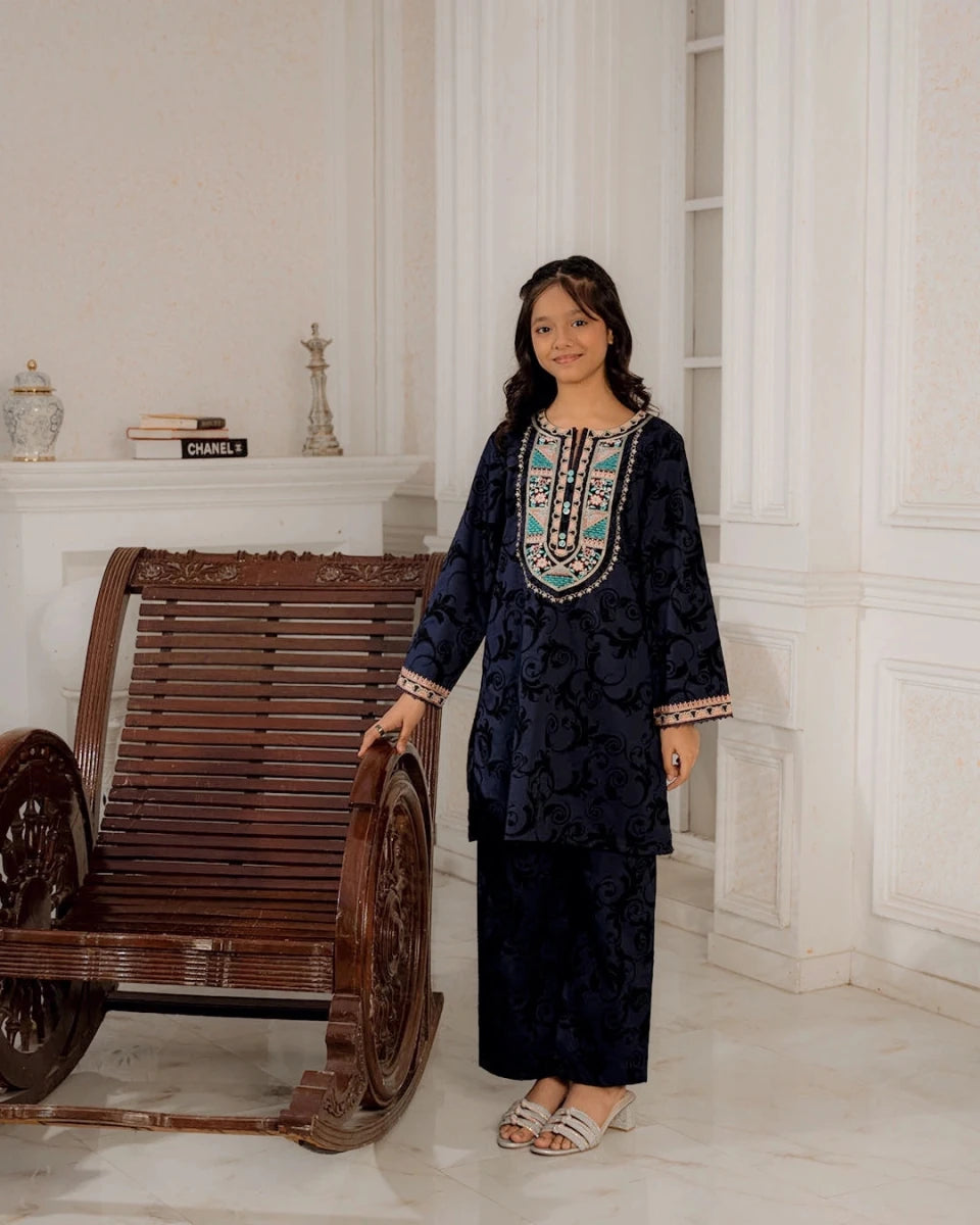 Embroidered Khaddar Suit - Midnight Bloom for girls — Rangooz