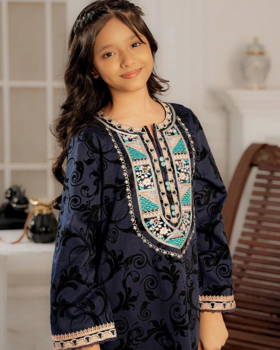 Embroidered Khaddar Suit - Midnight Bloom for girls — Rangooz