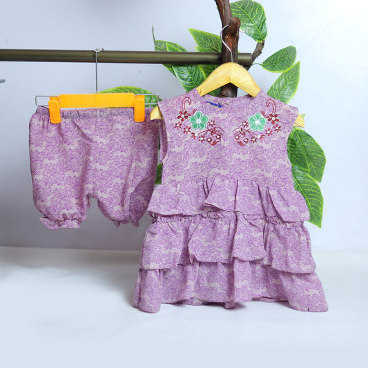 Lilac Printed embroidery frock Cord Set