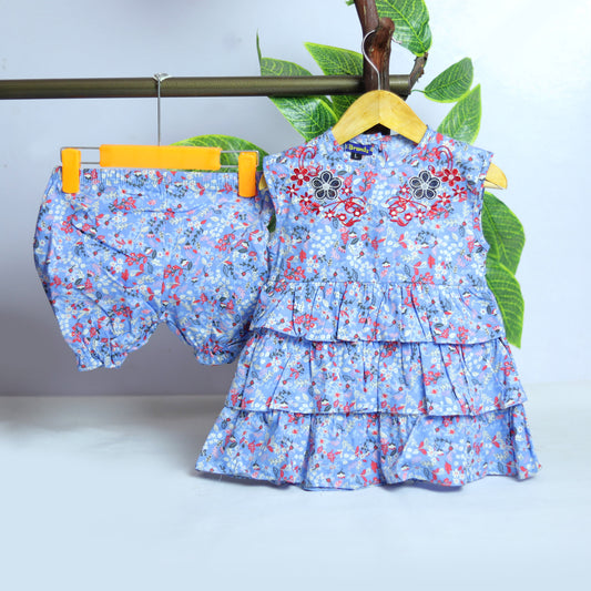 Blue Printed Embroidery Frock Cord Set