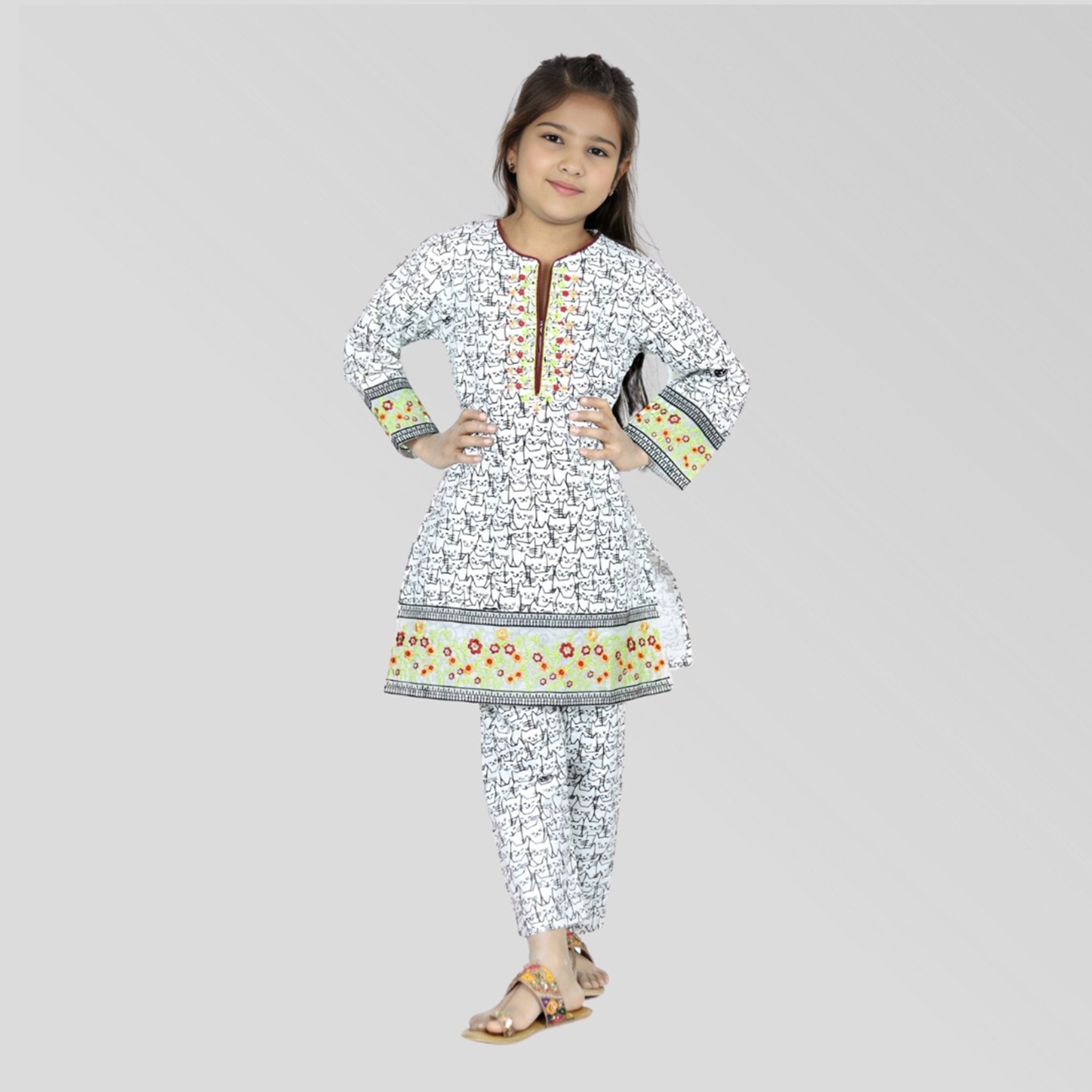 White-black Cord Set Printed Patch Embroidered, 100% Cotton — Rangooz