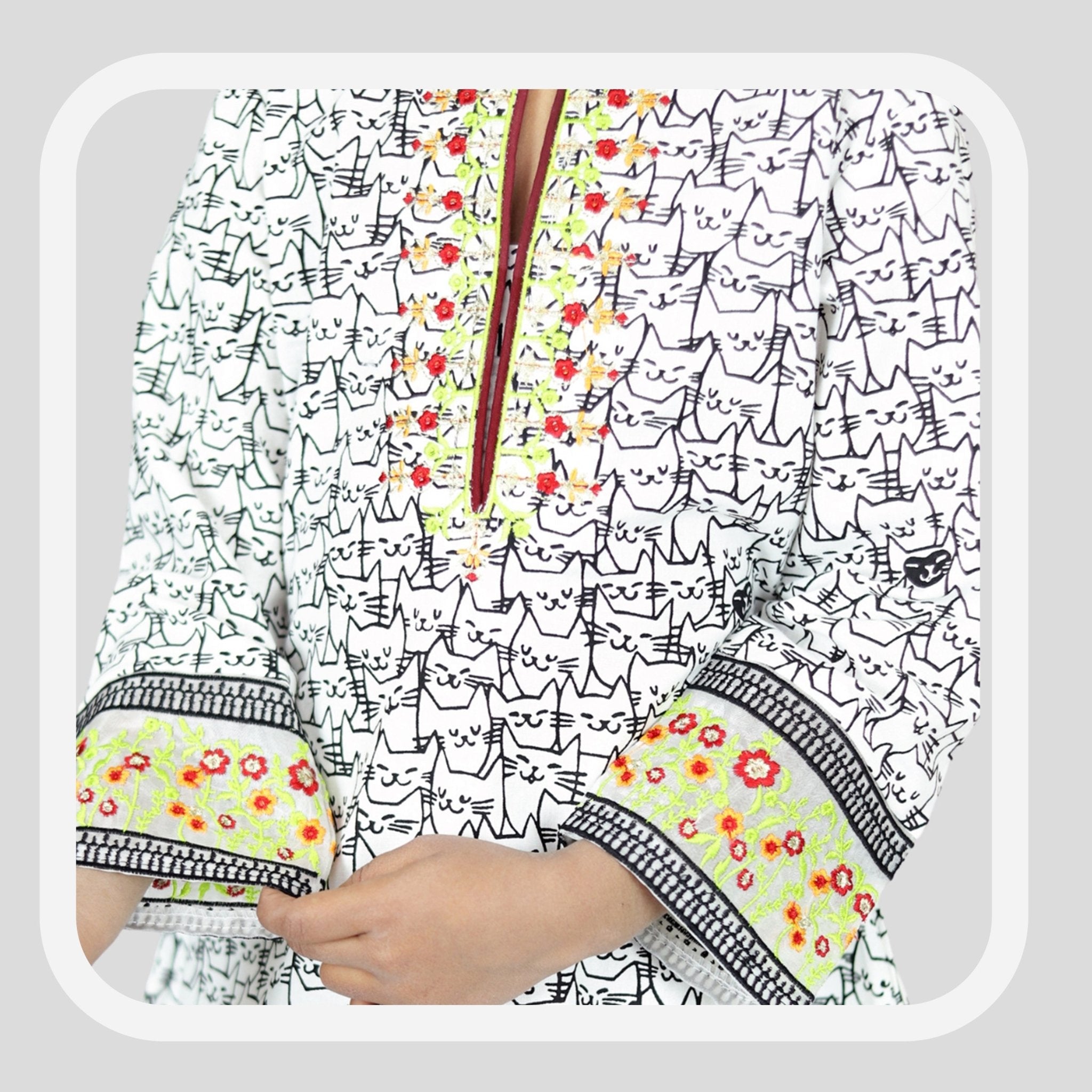 White-black Cord Set Printed Patch Embroidered, 100% Cotton — Rangooz