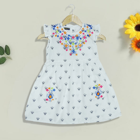 White Printed Embroidered Frock Design 1