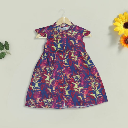 Floral Graphic Multi-Color Block Sleeveless Frock | Girls