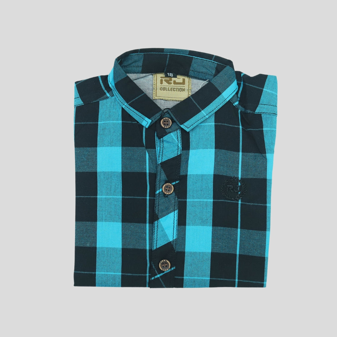 Green & Black Cotton Box Check Summer Shirt