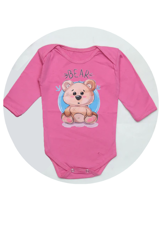 Personalized Baby Bear Crew Neck LonG Sleeve Organic BodySuit | Pink