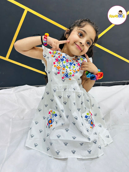 White Printed Embroidered Frock Design 1